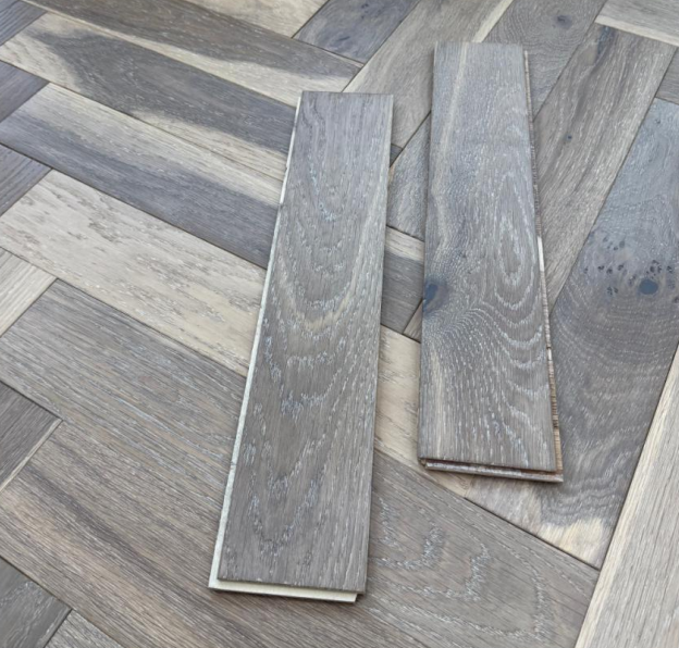 10mm Engineered Wood Herringbone Tongue & Groove Mystic Grey Smoked / Double Smoked Brushed 10mm Herringbone Narrow Planks Mid Oak Light