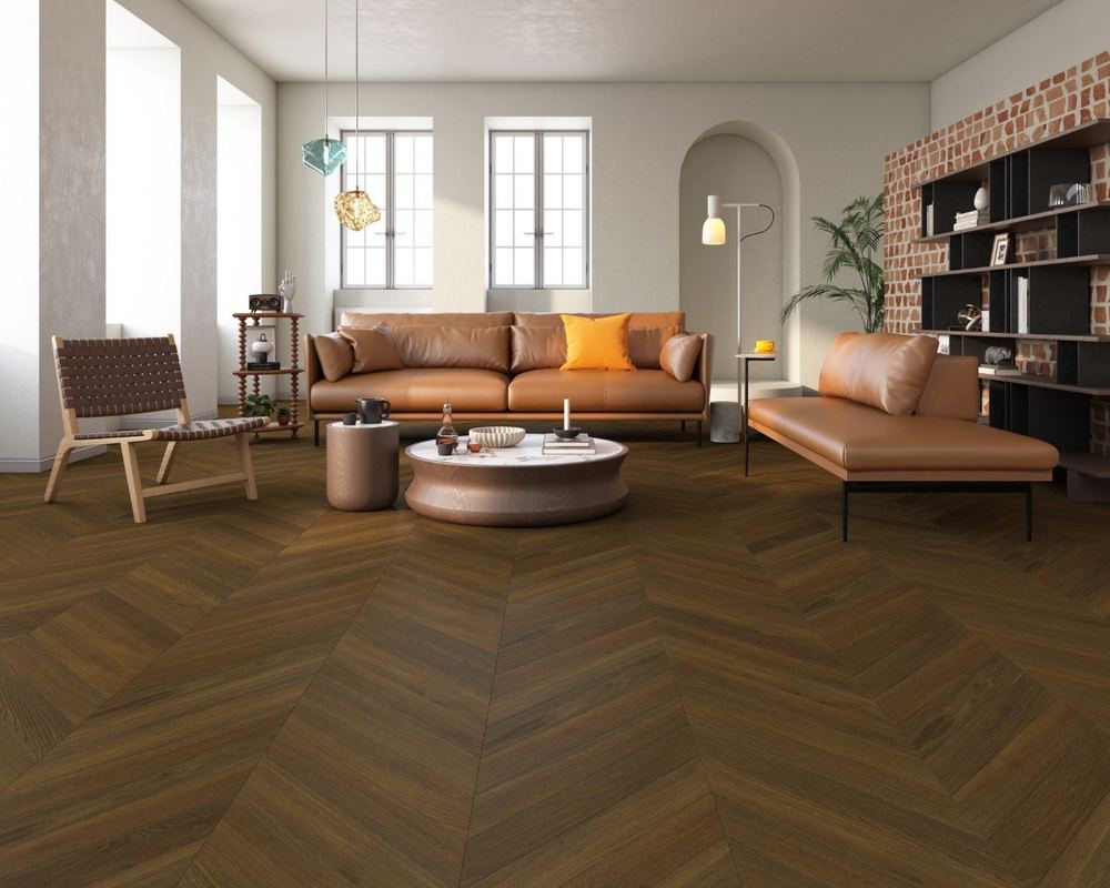 14mm Engineered Wood Chevron Click System Dark Brown Brushed Oiled Modern Line Narrow Planks Mid Oak Classic