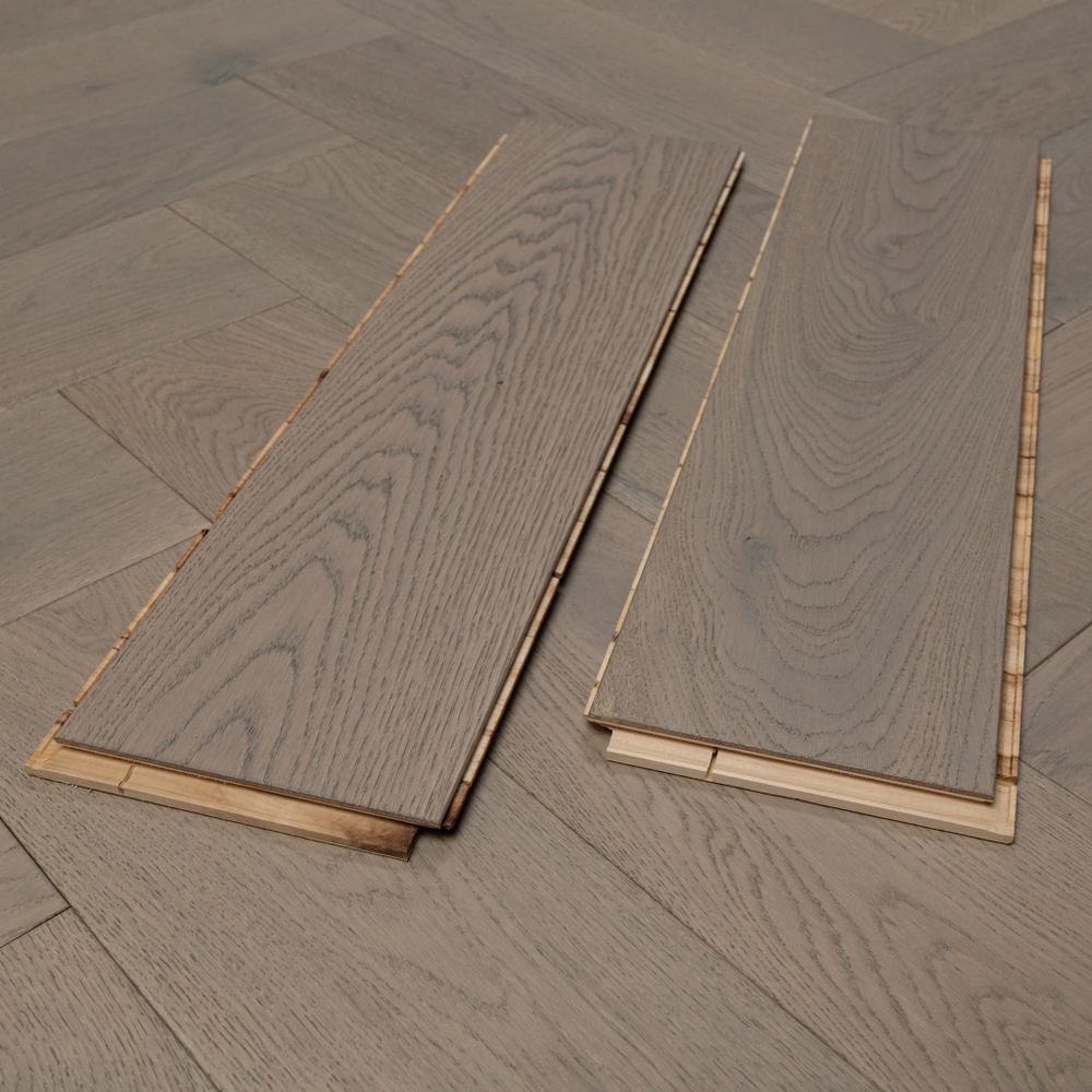 14mm Engineered Wood Herringbone Click System Brushed UV Oiled Modern Line Cool Mid Grey
