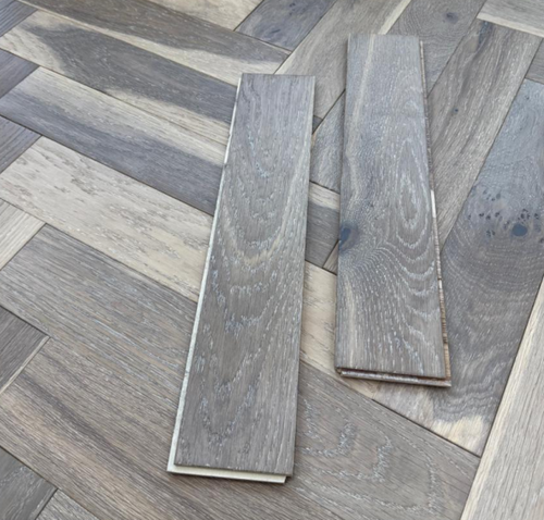10mm Engineered Wood Herringbone Tongue & Groove Mystic Grey Smoked / Double Smoked Brushed 10mm Herringbone Narrow Planks Mid Oak Light