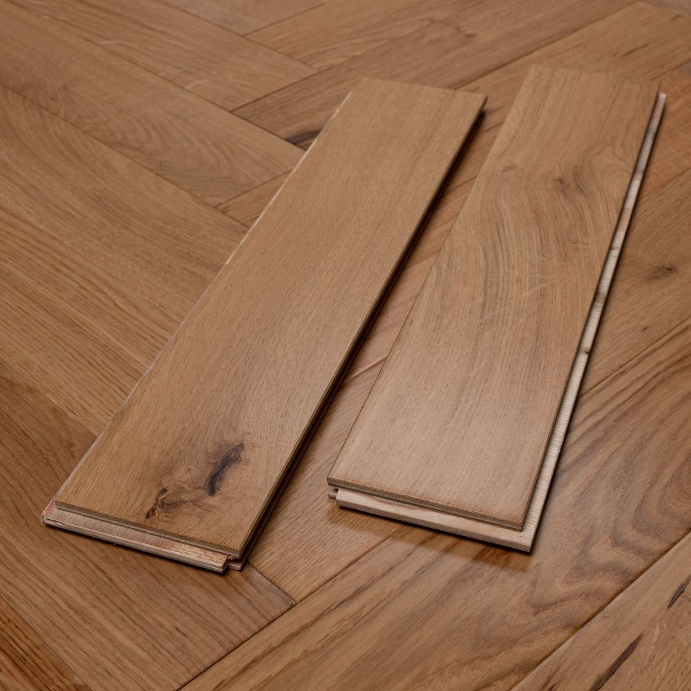 14mm Engineered Wood Herringbone Tongue & Groove Lacquered / Lac Modern Line Narrow Planks Mid Oak Classic