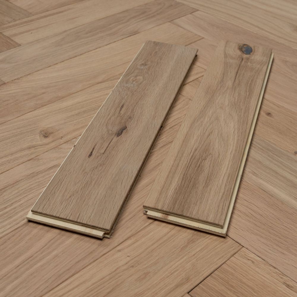 14mm Engineered Wood Herringbone Tongue & Groove Classic Unfinished Modern Line Narrow Planks Mid Oak Light
