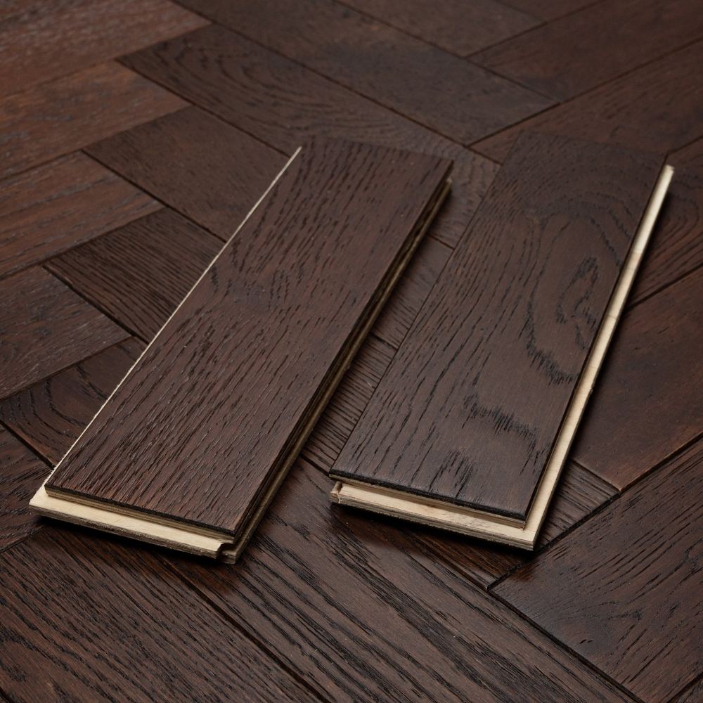 18mm Engineered Wood Herringbone Tongue & Groove Walnut Stain Brushed Lacquered / Lac Modern Line Narrow Planks Dark Brown
