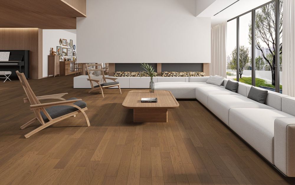 14mm Engineered Wood Straight Plank Tongue & Groove Coffee Brushed Classic Lacquered / Lac Builder's Line Mid Oak Rich