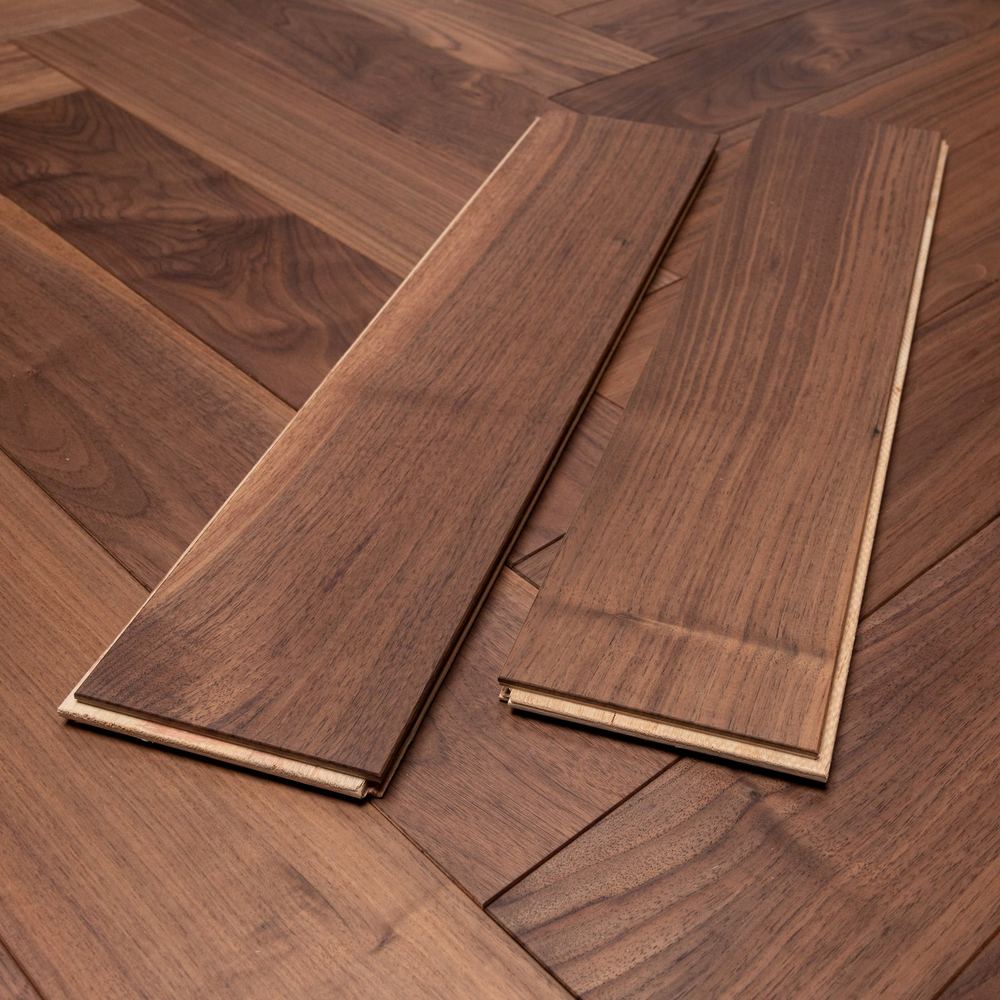 14mm Engineered Wood Herringbone Tongue & Groove Walnut American Black Lacquered / Lac Select UV Oiled Prestige Collection Dark Brown